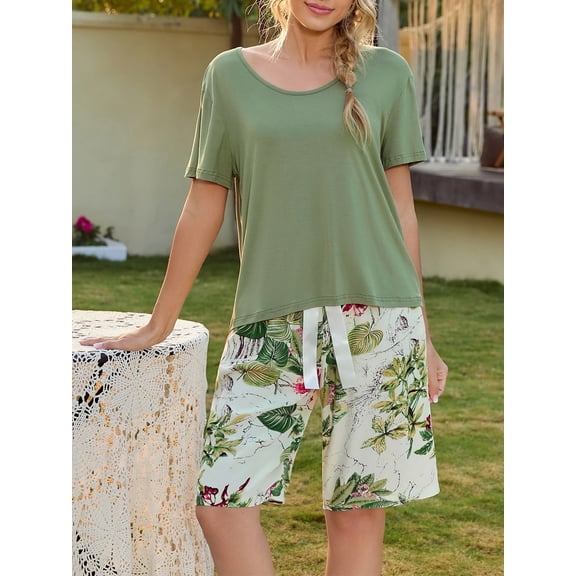 Loritta Lounge Set for Women 2 Piece Outfits Short Sleeve Round Neck Pjs Sleepwear
