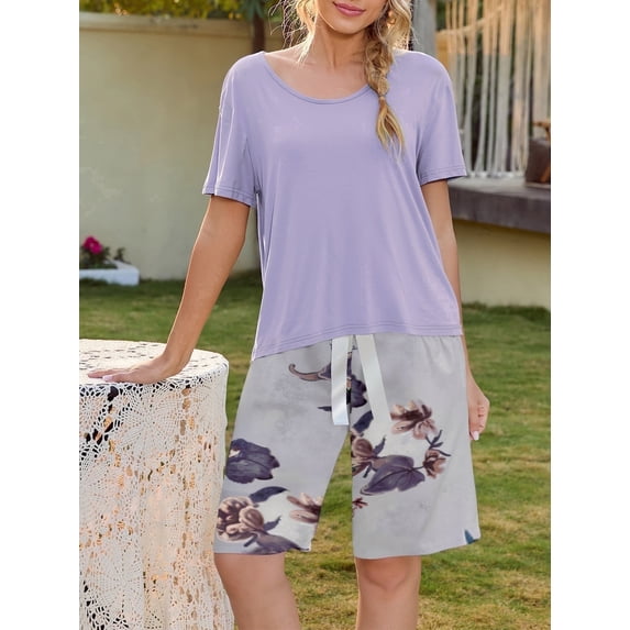 Loritta Lounge Sets for Women Summer Round Neck Short Pajama Bow Shorts with Printing Casual 2 Piece Womens Pjs Sets,S-2XL