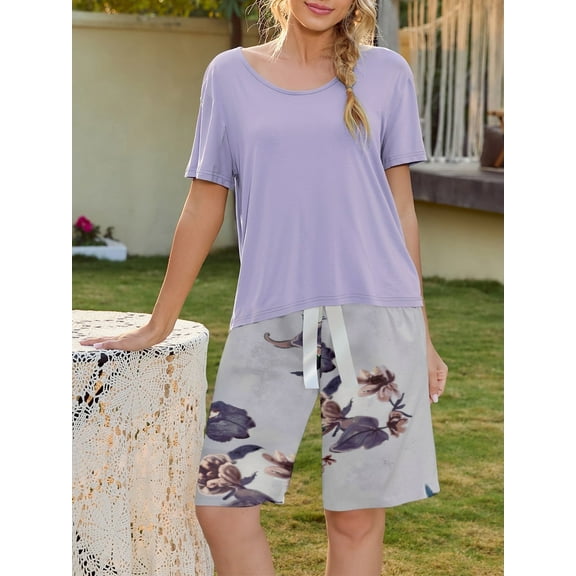 Loritta Lounge Set for Women 2 Piece Outfits Short Sleeve Round Neck Pjs Sleepwear