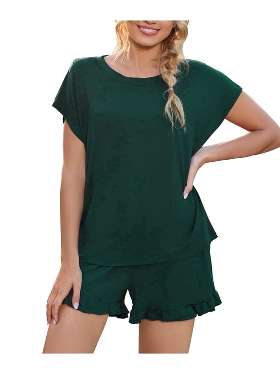 2 Piece Women's Pajamas Summer Ruffled Short Sleeve Pjs Round Neck Lounge Set with Pocket, S-2XL
