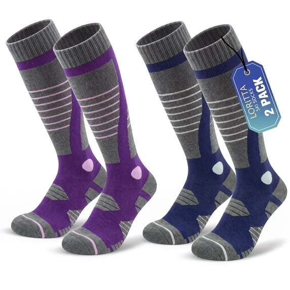 Loritta Merino Wool Ski Socks for Women, Knee High Winter Thermal Thick Socks 2-Pack, Size 10-13