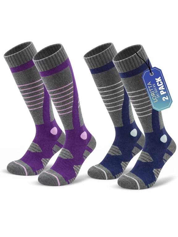 Merino Wool Ski Socks for Women, Knee High Winter Thermal Thick Socks 2-Pack, Size 6-10