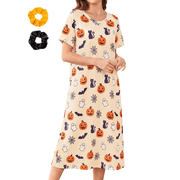 Loritta Halloween Nightgowns for Women Short Sleeve Comfy Womens Nightgown Summer Sleepwear for Women with Hair Rope, S-2XL