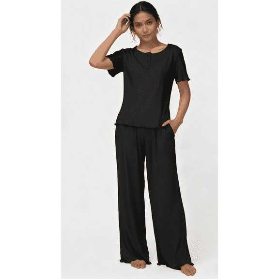 Loritta Womens Pajamas Knit Long Pants Lounge Sets 2 Piece For Women Fall Black