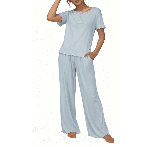 Loritta Womens Pajamas Knit Long Pants Lounge Sets 2 Piece For Women Fall Blue
