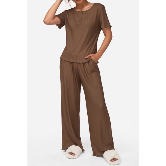 Loritta Womens Pajama Sets Knit Short Sleeve Long Pants Lounge Sets Breathable 2 Piece Pjs with Pockets Summer Brown S-2XL