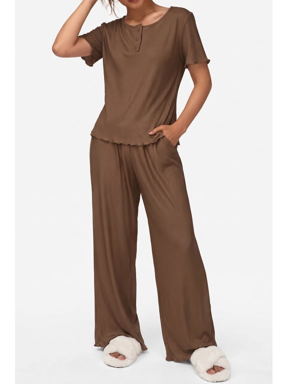 Womens Pajama Sets Knit Short Sleeve Long Pants Lounge Sets Breathable 2 Piece Pjs with Pockets Summer Brown S-2XL