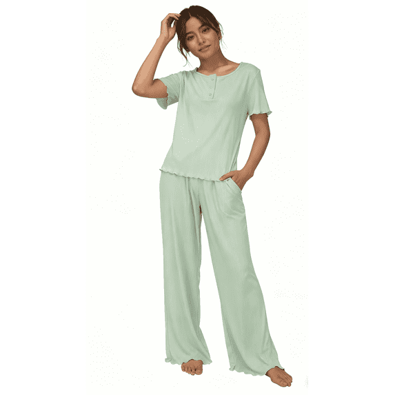 Loritta Womens Pajama Sets Knit Short Sleeve Long Pants Lounge Sets Breathable 2 Piece Pjs with Pockets Mother's Day Gifts Sets Summer Green S-2XL