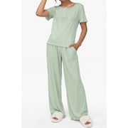 Loritta Womens Pajama Sets Knit Short Sleeve Long Pants Lounge Sets Breathable 2 Piece Pjs with Pockets Summer Green S-2XL