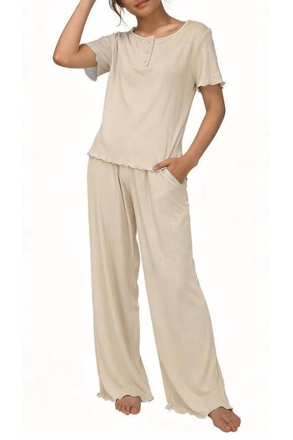 Womens Pajamas Knit Short Sleeve lounge sets 2 piece For Women Fall Khaki