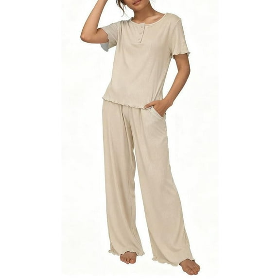 Loritta Womens Pajamas Knit Short Sleeve lounge sets 2 piece For Women Fall Khaki