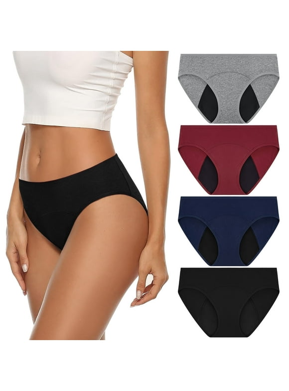 Period Underwear for Women Bikini Cotton Panties Leak Proof Postpartum Underwear 4 Packs, Size XS-3XL