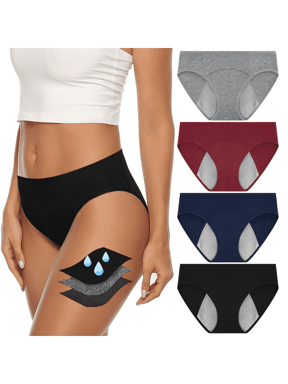 Women's Period Panties, 4-Pack Breathable Cotton Super Leak Proof Postpartum Underwear, Size XS-3XL