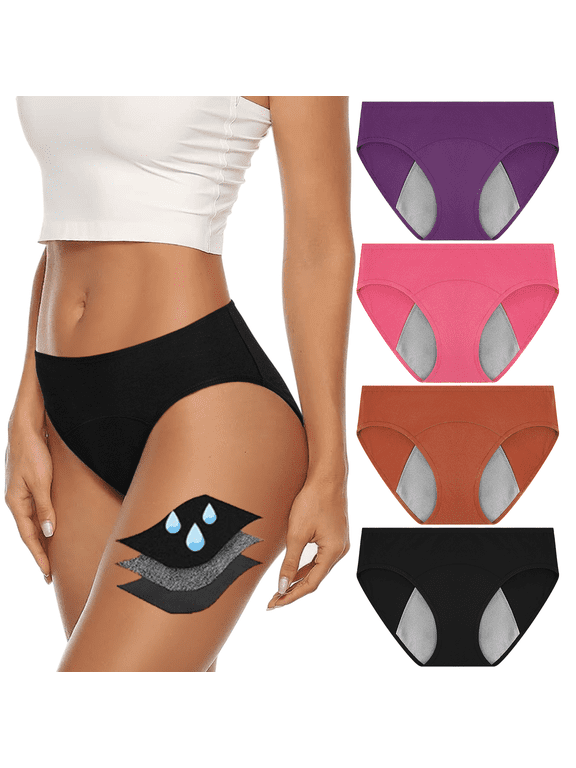 Women's Period Panties, 4-Pack Breathable Cotton Super Leak Proof Postpartum Underwear, Size XS-3XL