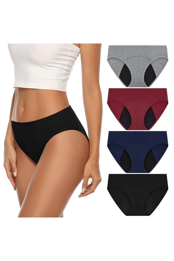 Period Underwear for Women Bikini Cotton Panties Leak Proof Postpartum Underwear 4 Packs, Size XS-3XL