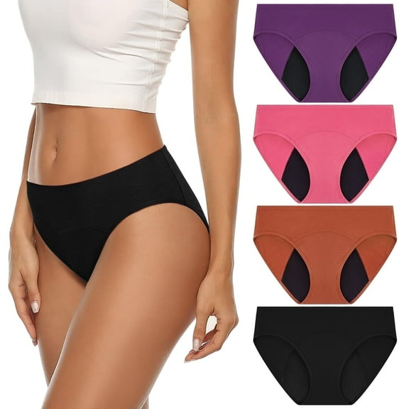 Loritta Period Underwear for Women Bikini Cotton Panties Leak Proof Postpartum Underwear 4 Packs, Size XS-3XL