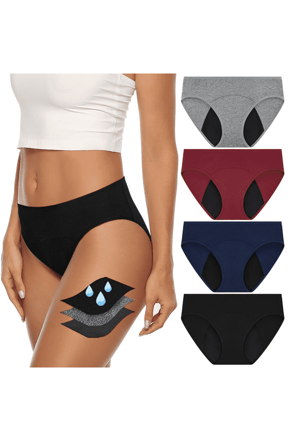 Womens Period Underwear 4 Packs Breathable Cotton Panties for Women Super Leak Proof Postpartum Underwear , Size XS-3XL