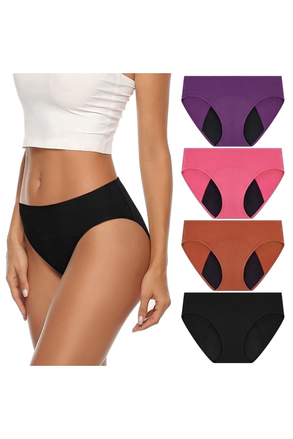 Period Underwear for Women Bikini Cotton Panties Leak Proof Postpartum Underwear 4 Packs, Size XS-3XL