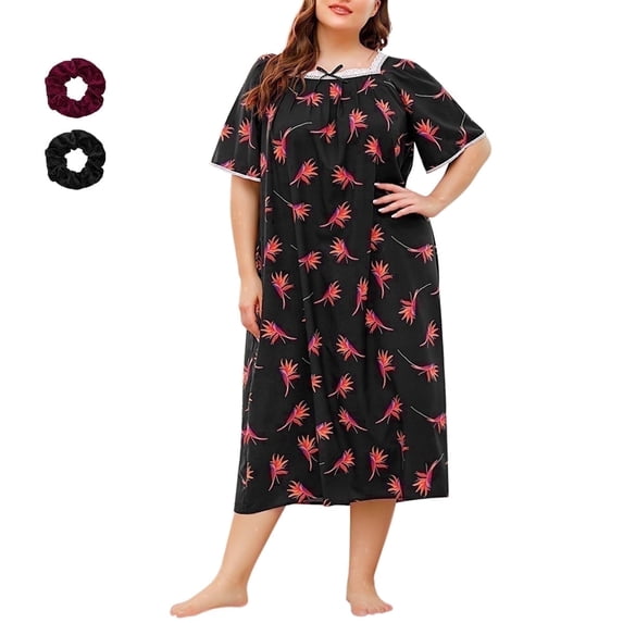 Loritta Plus Size Nightgowns for Women Short Sleeve Floral V-Neck Womens Summer Sleep Shirts with Headrope, XL-5XL