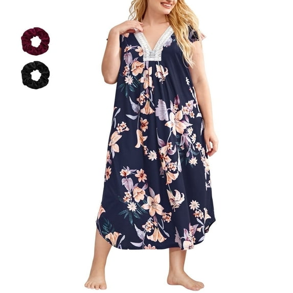 Loritta Plus Size Nightgowns for Women House Dress Short Sleeve Loungewear Floral Print V-Neck Moomoo Nightgowns Sleepwear XL-5XL