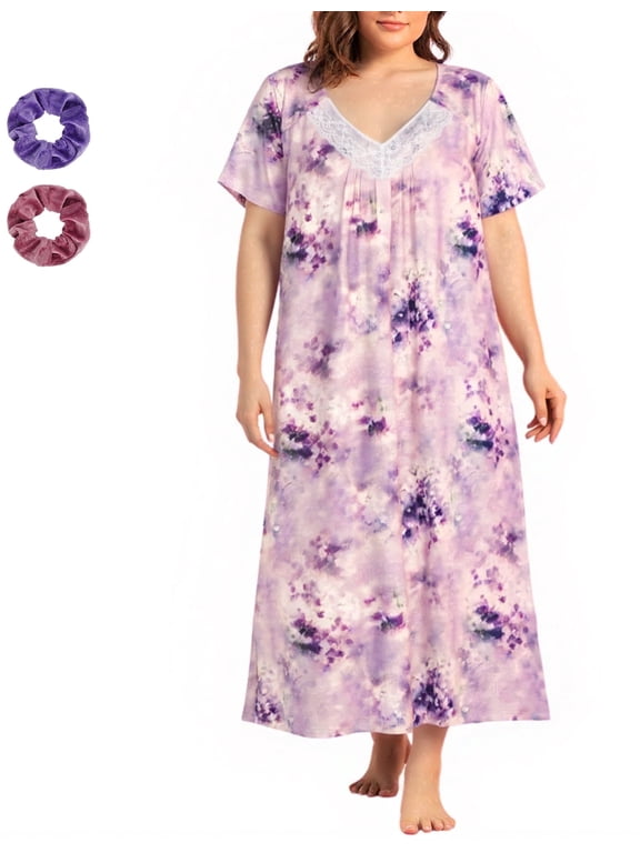 Plus Size Nightgowns for Women Short Sleeve Floral V-Neck Womens Summer Sleep Shirts with Headrope, XL-5XL