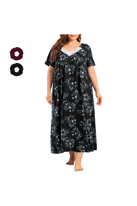 Plus Size Nightgowns for Women House Dress Short Sleeve Loungewear Floral Print V-Neck Moomoo Nightgowns Sleepwear XL-5XL