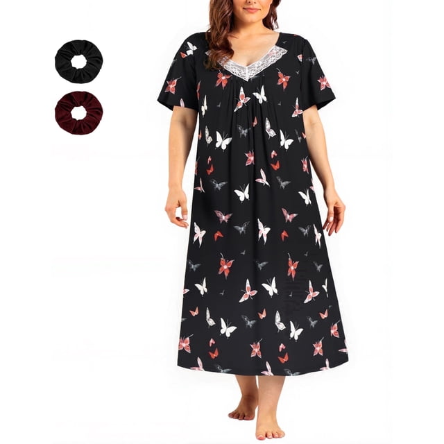Loritta Plus Size Nightgowns for Women Short Sleeve Floral V-Neck Womens Summer Sleep Shirts with Headrope, XL-5XL