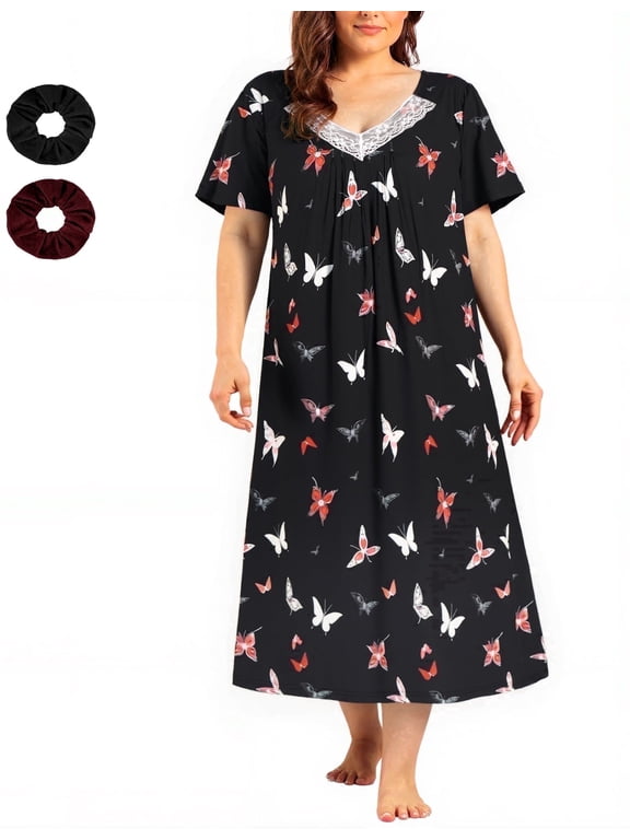 Plus Size Nightgowns for Women Short Sleeve Floral V-Neck Womens Summer Sleep Shirts with Headrope, XL-5XL