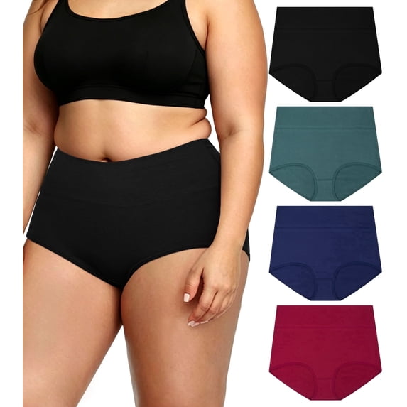 Loritta 4-Pack Plus Size High Waisted Underwear, Soft Cotton Stretch Panties, Full Coverage No Roll Down Briefs , XL-5XL