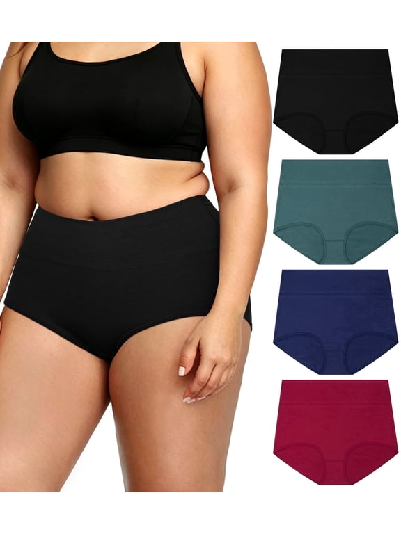 4-Pack Plus Size High Waisted Underwear, Soft Cotton Stretch Panties, Full Coverage No Roll Down Briefs , XL-5XL