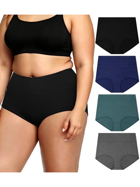 4-Pack Plus Size High Waisted Underwear, Soft Cotton Stretch Panties, Full Coverage No Roll Down Briefs , XL-5XL