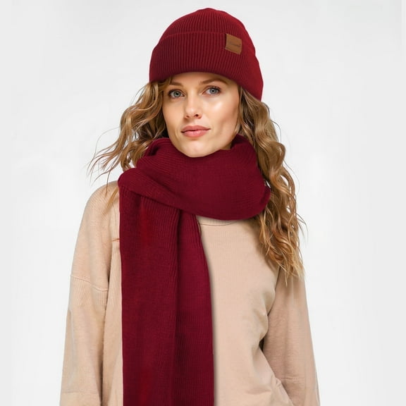 Loritta Winter Beanie Hat Scarf Set for Women Fleece Lined Winter Hat Long Soft Knit Scarf for Cold Weather Red