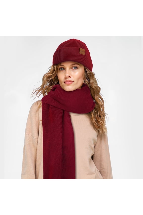Winter Beanie Hat Scarf Set for Women Fleece Lined Winter Hat Long Soft Knit Scarf for Cold Weather Red