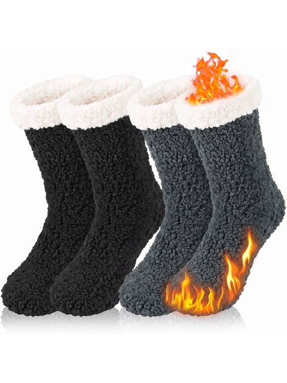 Women's Fuzzy Slipper Socks 2 Pairs Winter Cozy Warm Thick Socks with Non-Slip Grippers