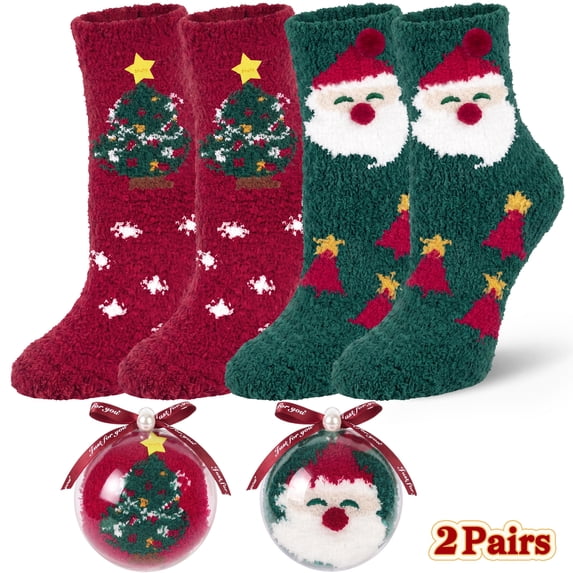 Loritta Secret 2 Pairs Women Fuzzy Socks, Christmas Cozy Fluffy Warm Winter Comfy Gift Socks for Women with Transparent Ball