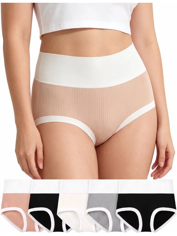 Womens Panties, High Waisted Full Coverage Cotton Briefs 5-Pack Breathable Seamless Underwear for Women S-2XL