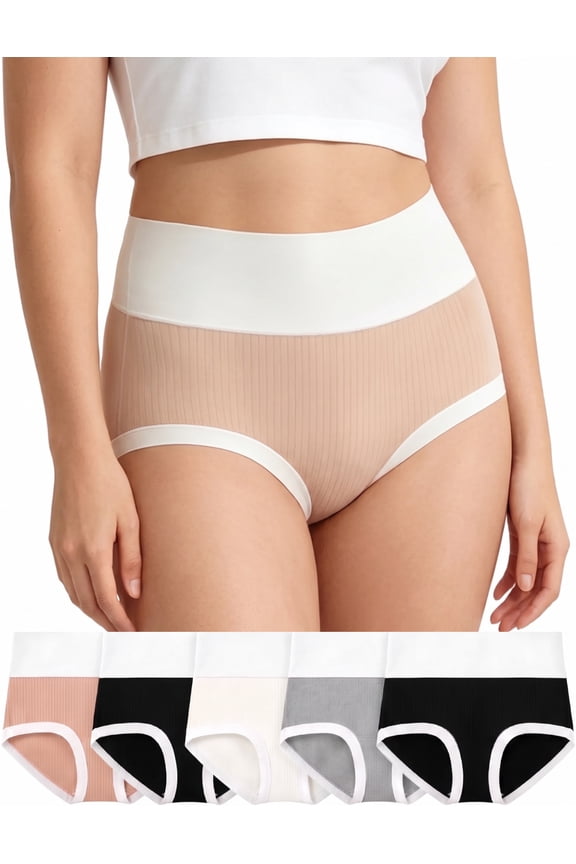 Underwear for Women Cotton High Waisted Briefs 5-Pack Seamless Breathable Full Coverage Womens Panties, S-2XL