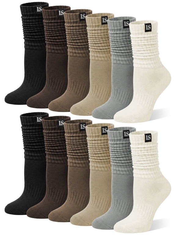 Slouch Socks Women, 6 Pairs 100% Cotton Cushioned Boot Scrunch Stacked Long Socks for Women, Size 9-11