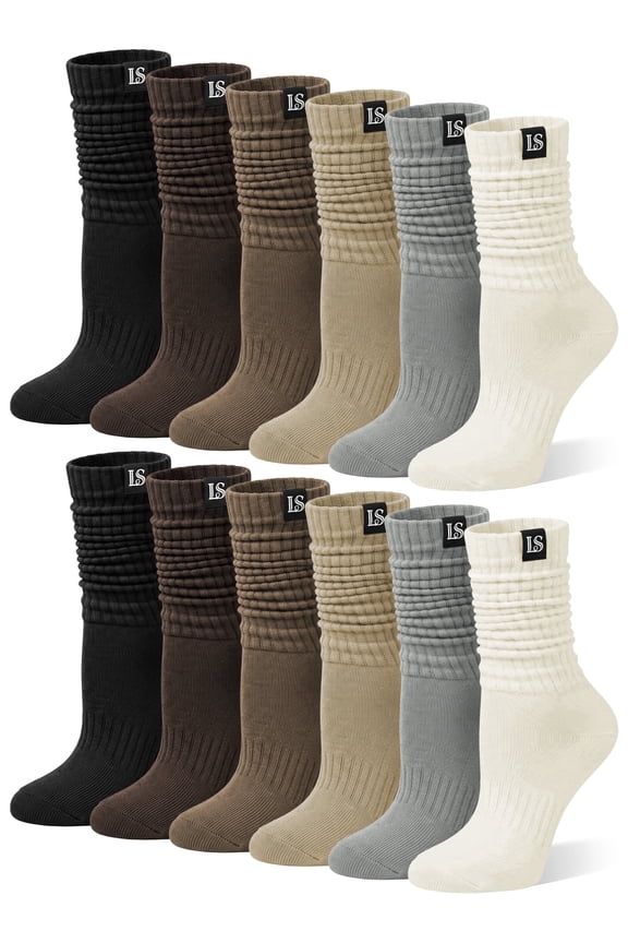 Slouch Socks Women, 6 Pairs Cotton Cushioned Knee High Boot and Scrunch Stacked Long Socks for Women, Size 9-11