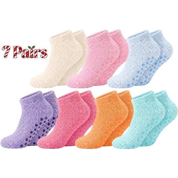 Loritta Secret 7 Pairs Fuzzy Socks for Women Winter Warm Womens Cozy Non Slip Socks with Grippers