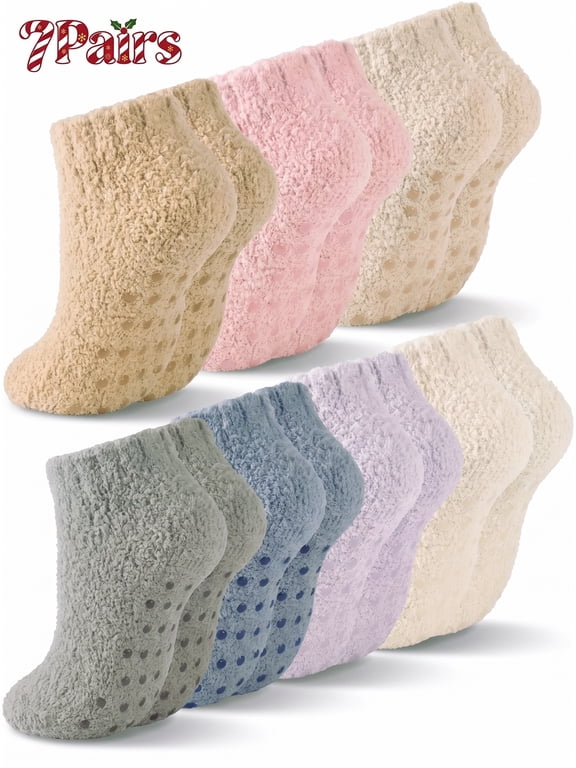 7 Pairs Fuzzy Socks for Women with Grippers Cozy Fluffy Winter Warm Non Slip Ladies Socks