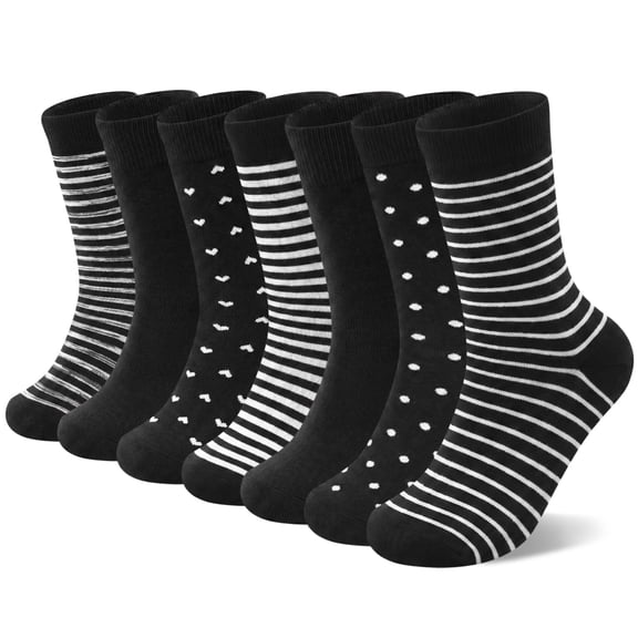 Loritta Secret 7 Pairs Womens Crew Socks Cotton Cute Striped Polka Dot Heart Pattern Socks for Women, Size 7-9