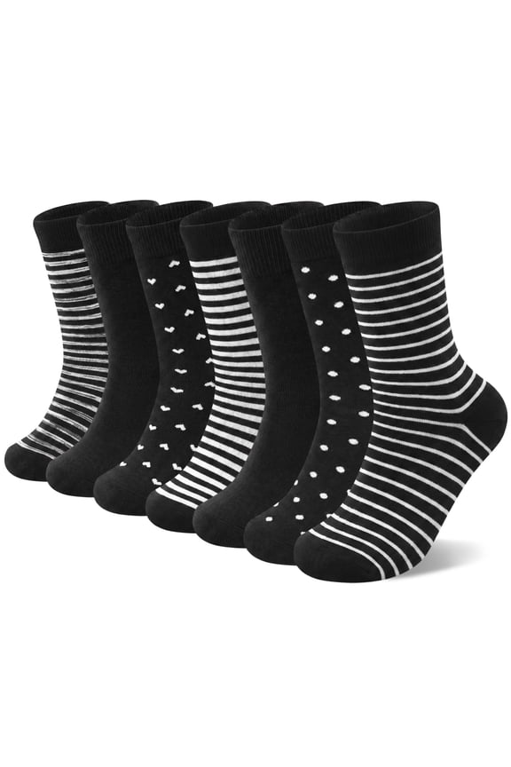 7 Pairs Womens Crew Socks Cotton Cute Striped Polka Dot Heart Pattern Socks for Women, Size 7-9
