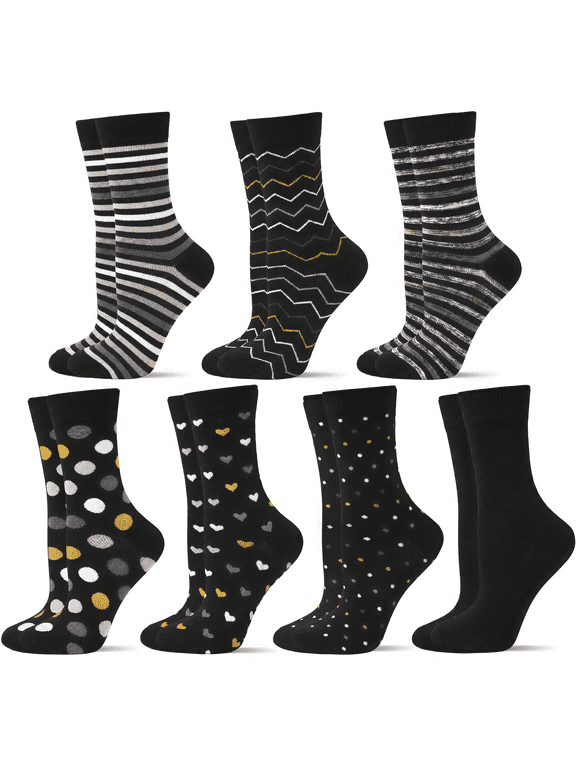 Womens Cotton Crew Socks, 7 Pairs Cute Patterned Dress Socks - Breathable Casual Socks with Stripes, Polka Dots & Hearts