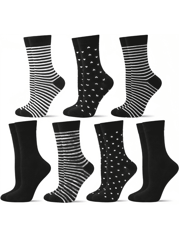Womens Cotton Crew Socks, 7 Pairs Cute Patterned Dress Socks - Breathable Casual Socks with Stripes, Polka Dots & Hearts