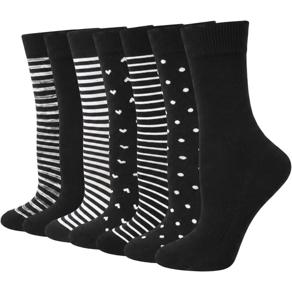 Loritta Secret Womens Crew Socks, 7 Pairs Cotton Black Funny Casual Soft Dress Socks for Women Ladies Size 9-11