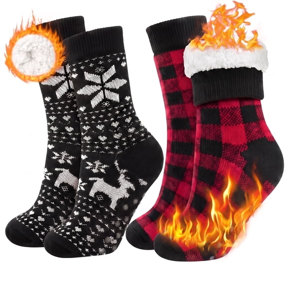 Loritta Secret Women Fuzzy Slipper Socks, 2 Pairs Christmas Winter Cozy Warm Thick Socks with Non-Slip Grippers