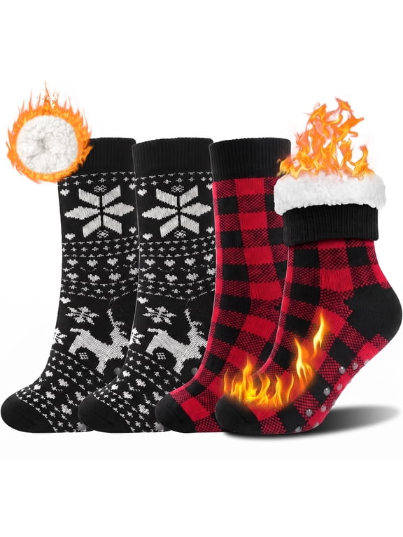 Women Fuzzy Slipper Socks, 2 Pairs Christmas Winter Cozy Warm Thick Socks with Non-Slip Grippers