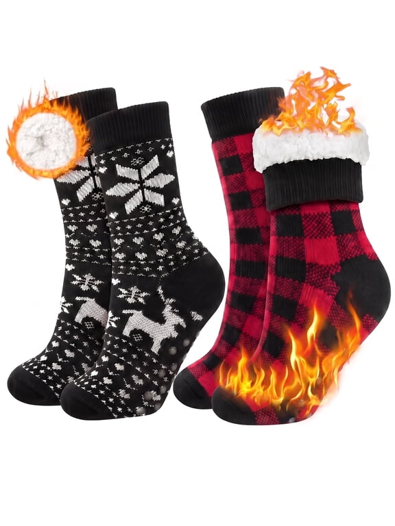 Women Fuzzy Slipper Socks, 2 Pairs Christmas Winter Cozy Warm Thick Socks with Non-Slip Grippers