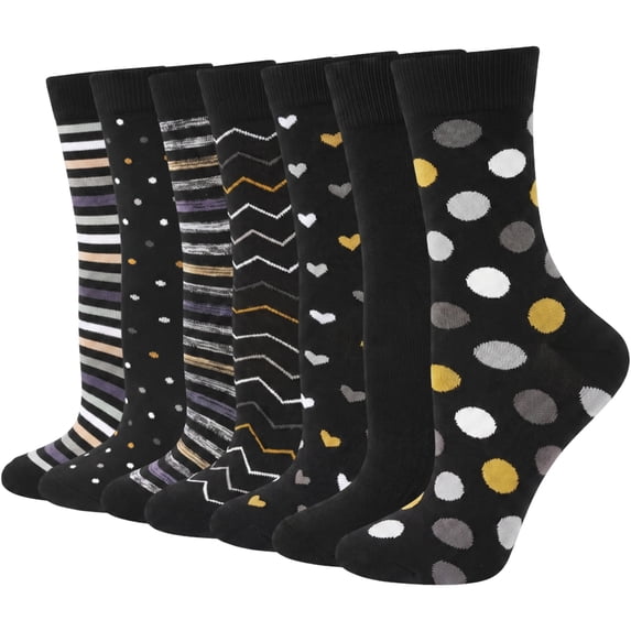 Loritta Secret Womens Crew Socks, 7 Pairs Cotton Black Funny Casual Soft Dress Socks for Women Ladies Size 9-11